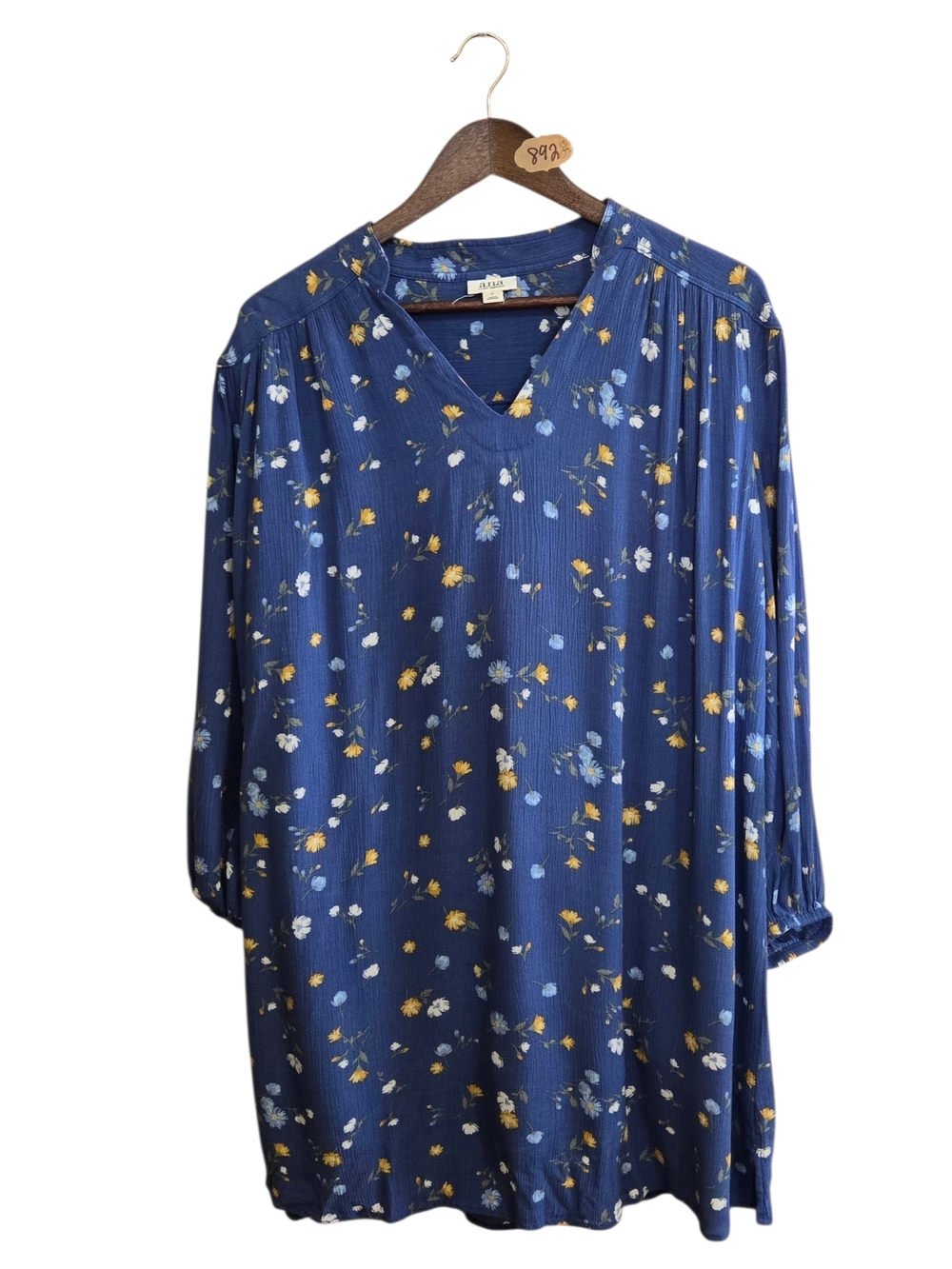 A.N.A. Navy Floral V-Neck Midi Dress with Yellow Accents